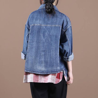 French Lapel Patchwork Fine Fall Clothes for Denim Blue Dresses Coats