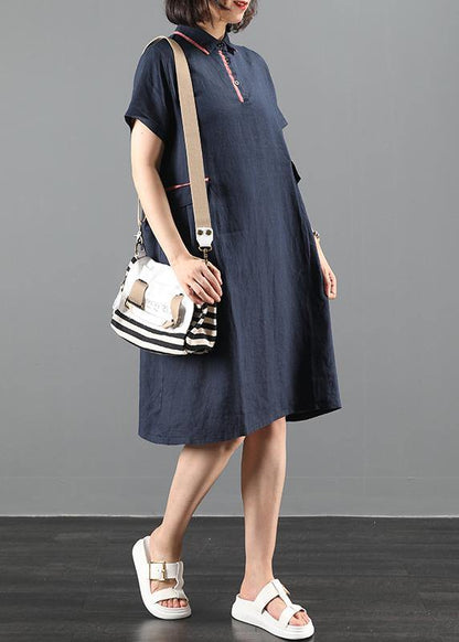 French Lapel Patchwork Summer Clothes Work Navy Dress