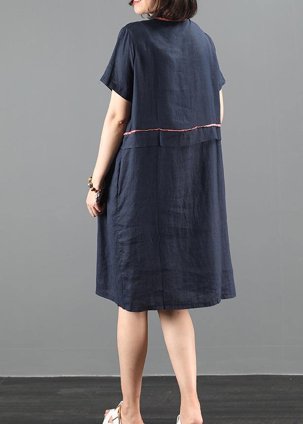 French Lapel Patchwork Summer Clothes Work Navy Dress