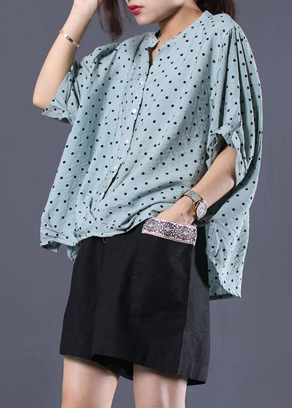 French Light Blue Asymmetric Dotted Cotton Shirts V Neck Loose Summer Tops