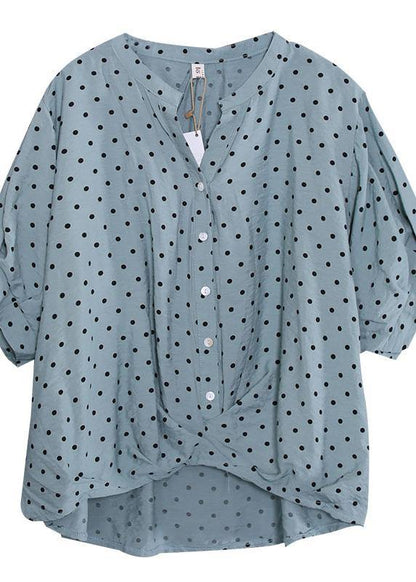 French Light Blue Asymmetric Dotted Cotton Shirts V Neck Loose Summer Tops