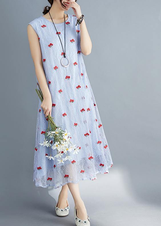 French Light Blue Lace Clothes for Sleeveless Dresses Embroidery Summer Dress