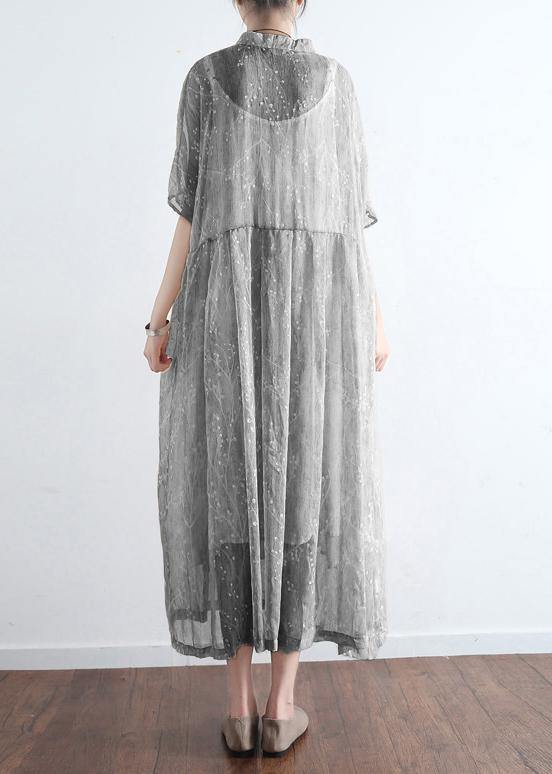 French Light Gray Cotton Dresses Mom Inspiration Stand Collar Art Summer Dress