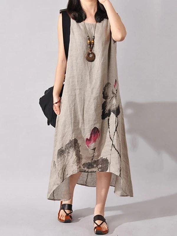 French Light Gray Print Cotton Linen Soft Surroundings O Neck Sleeveless Dresses
