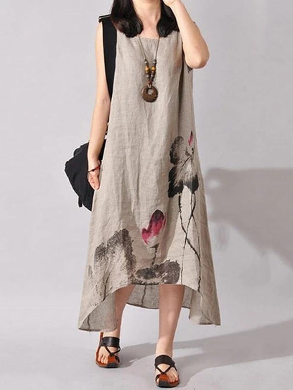 French Light Gray Print Cotton Linen Soft Surroundings O Neck Sleeveless Dresses