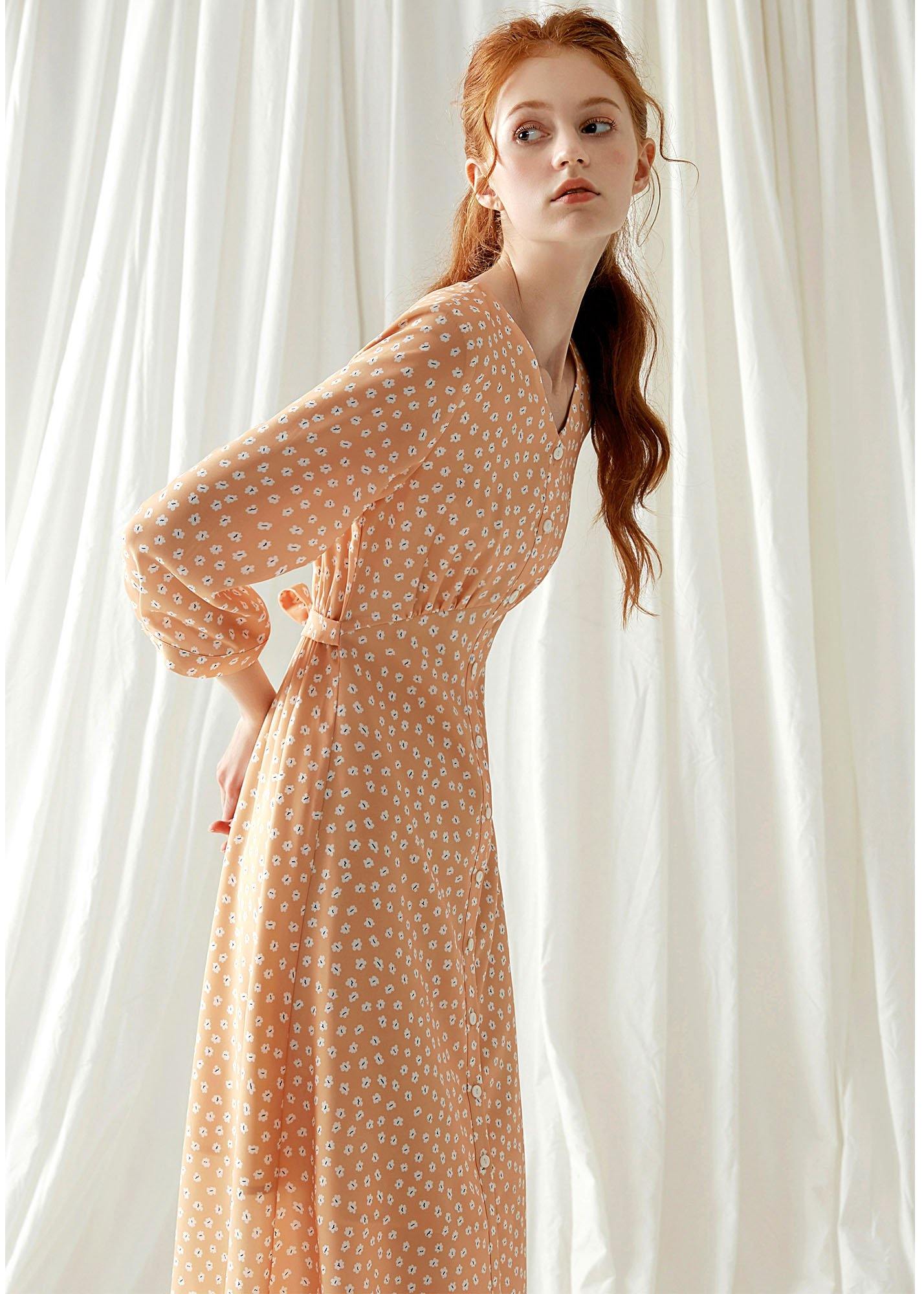 French Light Orange Blended Outfit Tie Waist Traveling Fall Dresses