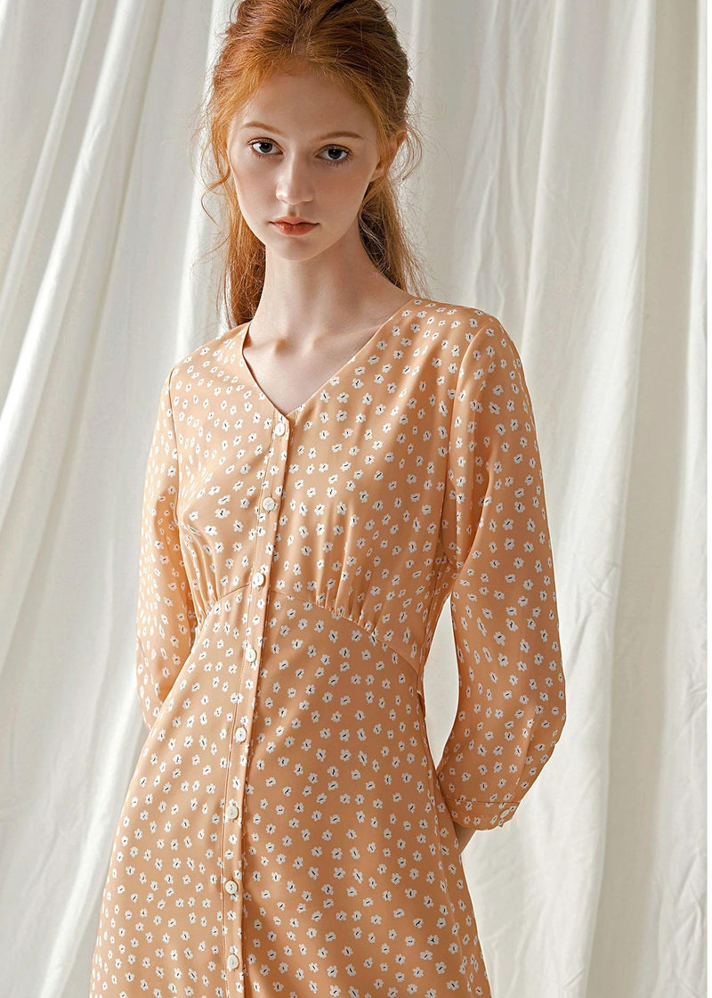 French Light Orange Blended Outfit Tie Waist Traveling Fall Dresses