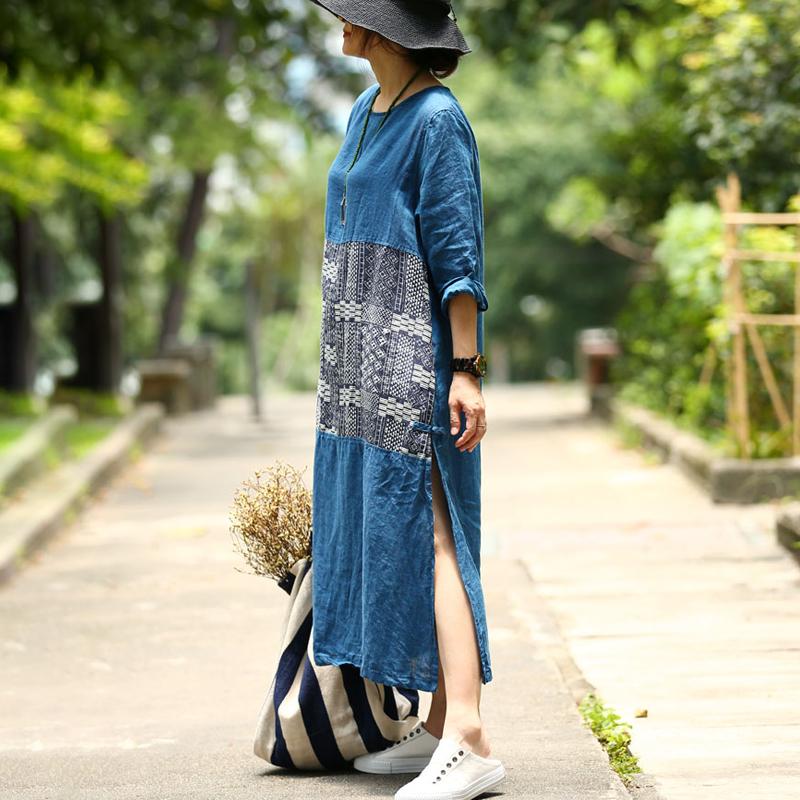 French Linen Dress Long Sleeve Slit Pullover Dress