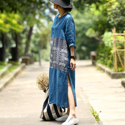 French Linen Dress Long Sleeve Slit Pullover Dress