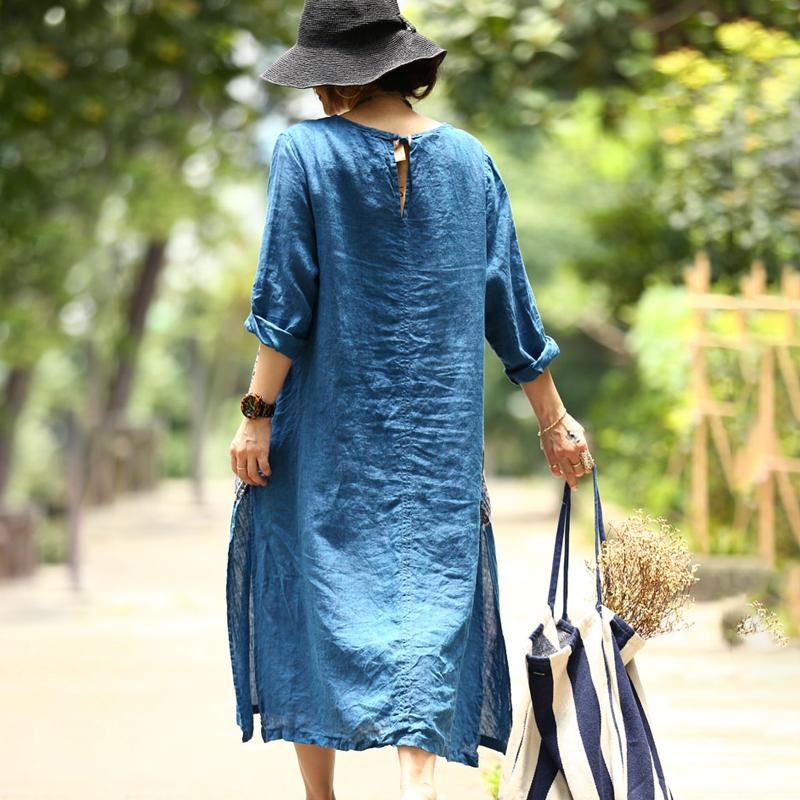 French Linen Dress Long Sleeve Slit Pullover Dress
