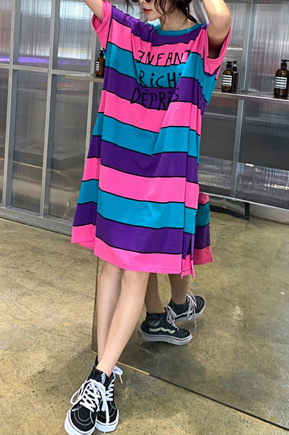 French Multicolor Cotton Quilting Dresses Neckline O Neck Side Open Shift Summer Dress