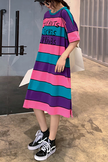 French Multicolor Cotton Quilting Dresses Neckline O Neck Side Open Shift Summer Dress