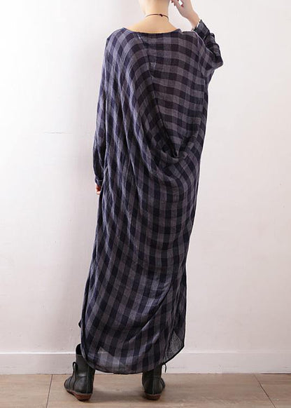 French Navy Plaid Cotton Clothes Asymmetric Art Autumn Dresses