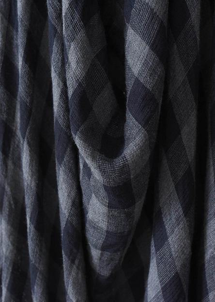 French Navy Plaid Cotton Clothes Asymmetric Art Autumn Dresses