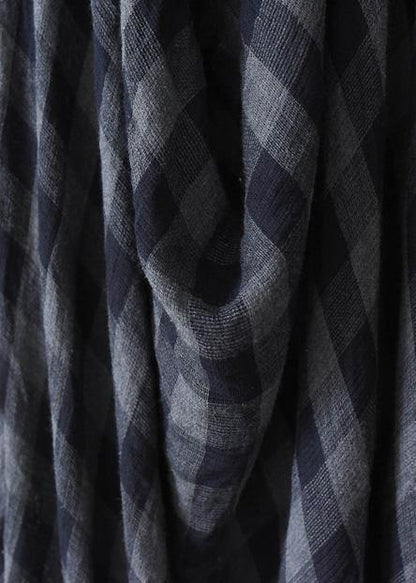 French Navy Plaid Cotton Clothes Asymmetric Art Autumn Dresses