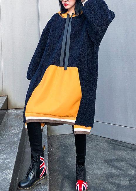 French Navy Top Hooded Drawstring Clothing Fall Blouses