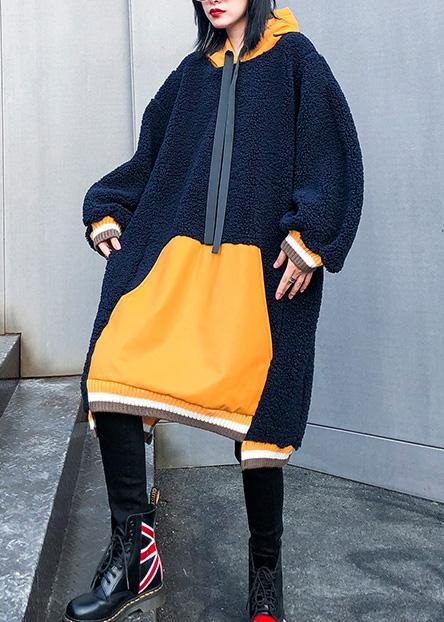 French Navy Top Hooded Drawstring Clothing Fall Blouses