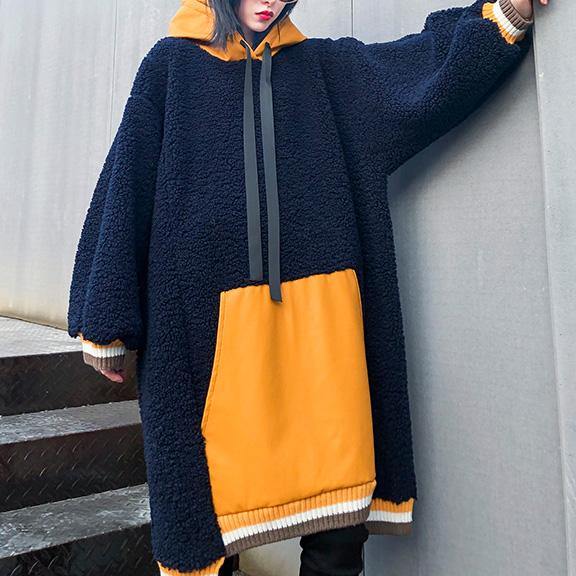 French navy top hooded drawstring Plus Size Clothing fall blouses