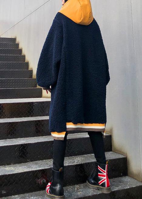 French Navy Top Hooded Drawstring Clothing Fall Blouses