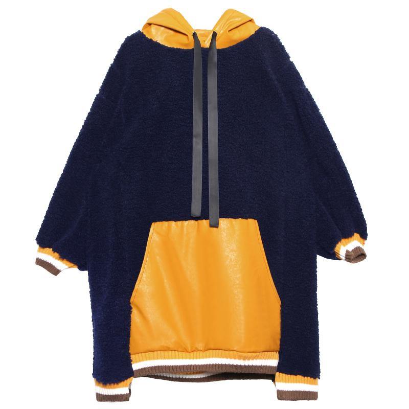 French navy top hooded drawstring Plus Size Clothing fall blouses