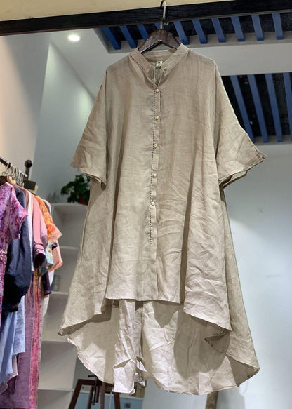 French Nude Stand Collar Linen Clothes for Low High Design Shirt Dress
