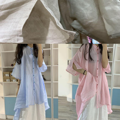 French Nude Stand Collar Linen Clothes for Low High Design Shirt Dress
