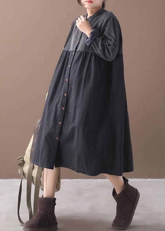 French O Neck Button Patchwork Black Plaid Dress