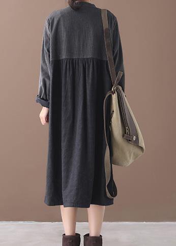 French O Neck Button Patchwork Black Plaid Dress