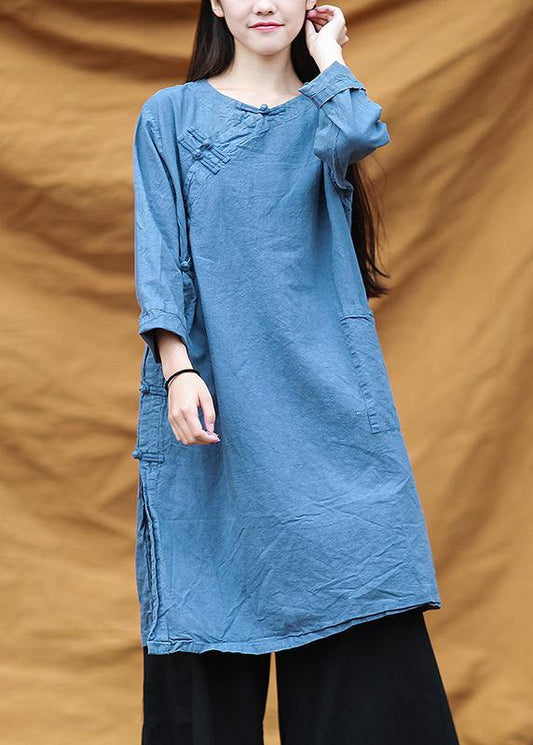 French O Neck Chinese Button Dresses Runway Blue Dresses