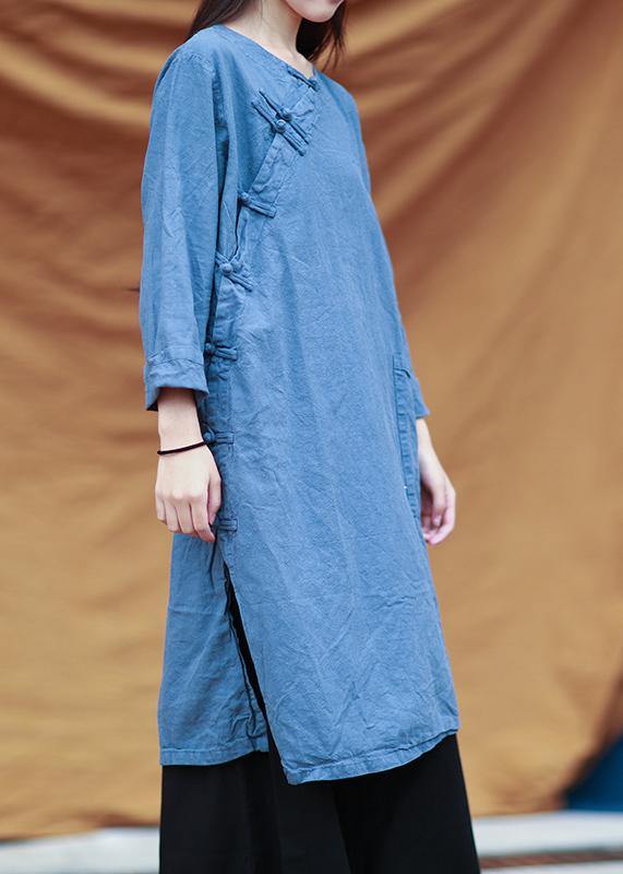 French O Neck Chinese Button Dresses Runway Blue Dresses