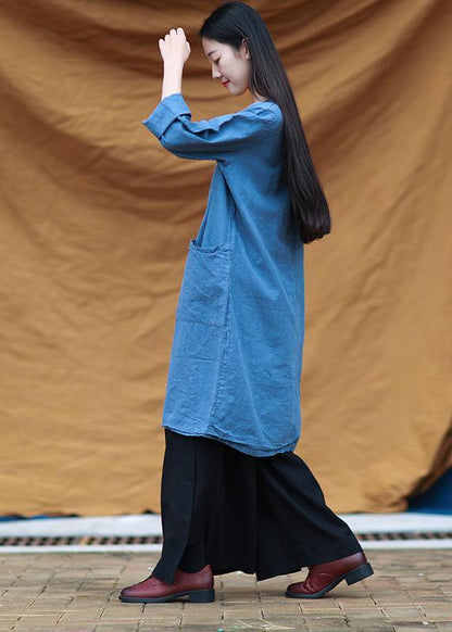 French O Neck Chinese Button Dresses Runway Blue Dresses