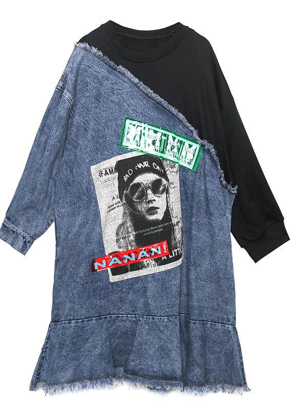 French O Neck Ruffles Cotton Tunic Dress Denim Blue Patchwork Black Dress