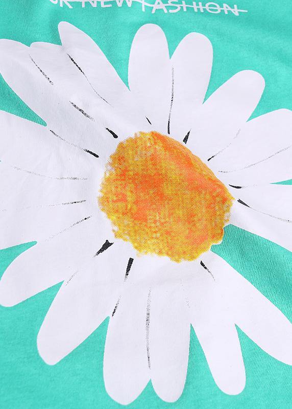 French O Neck Asymmetric Cotton Blouses for Green Daisy Blouses