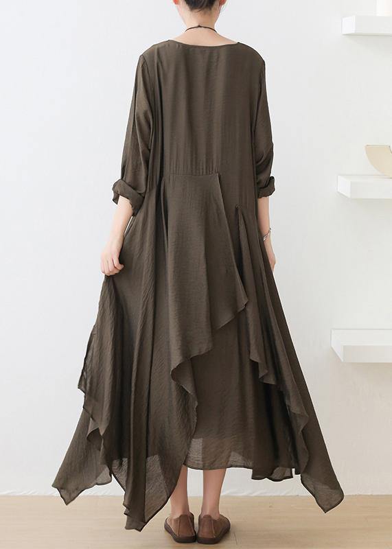 French O Neck Asymmetric Dress Pattern Army Green Art Dresses