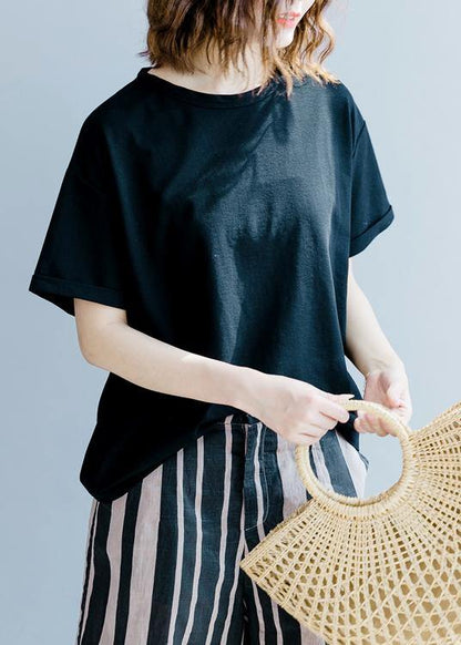 French O Neck Back Side Open Clothes for Outfits Black Shirt