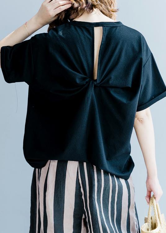 French O Neck Back Side Open Clothes for Outfits Black Shirt