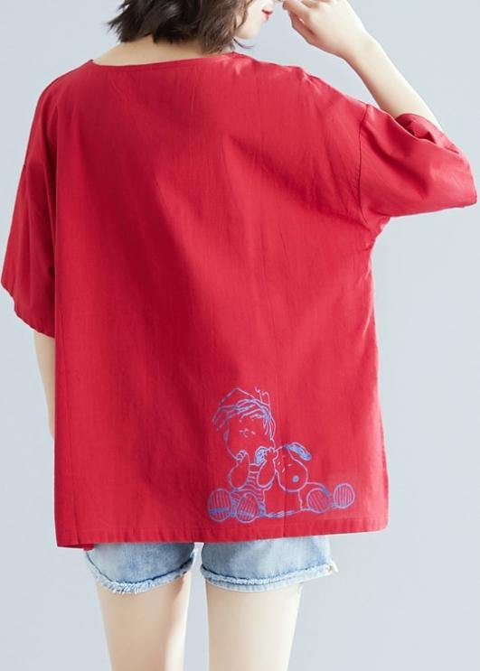 French O Neck Baggy Cotton Linen Tunics for Red Print Blouse