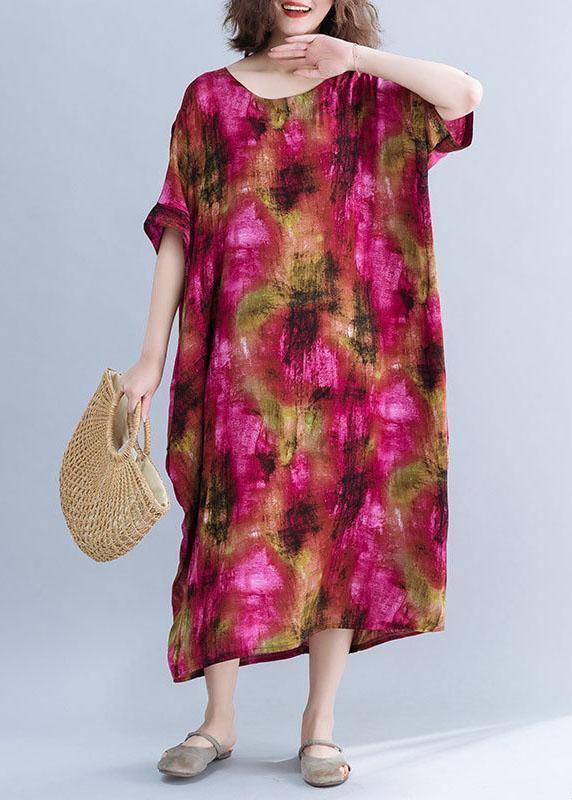 French O Neck Cotton Dresses Shape Red Prints Maxi Dresses Short Sleeve Summer
