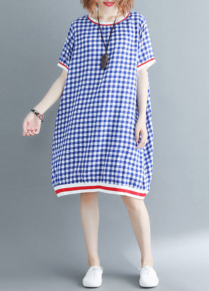 French O Neck Cotton Outfit Work Outfits Blue Plaid Dress Summer