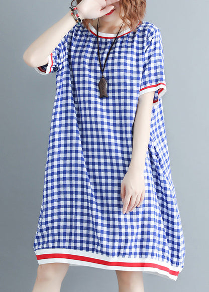 French O Neck Cotton Outfit Work Outfits Blue Plaid Dress Summer