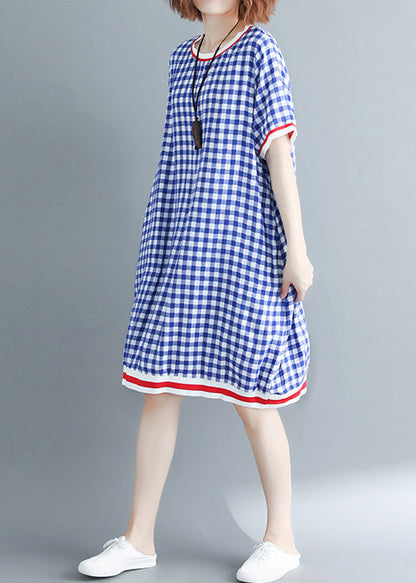 French O Neck Cotton Outfit Work Outfits Blue Plaid Dress Summer