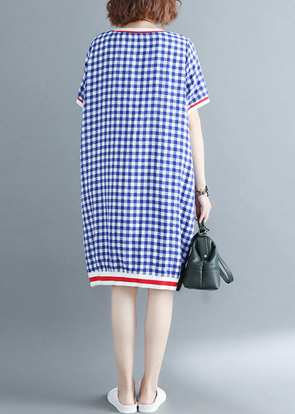 French O Neck Cotton Outfit Work Outfits Blue Plaid Dress Summer