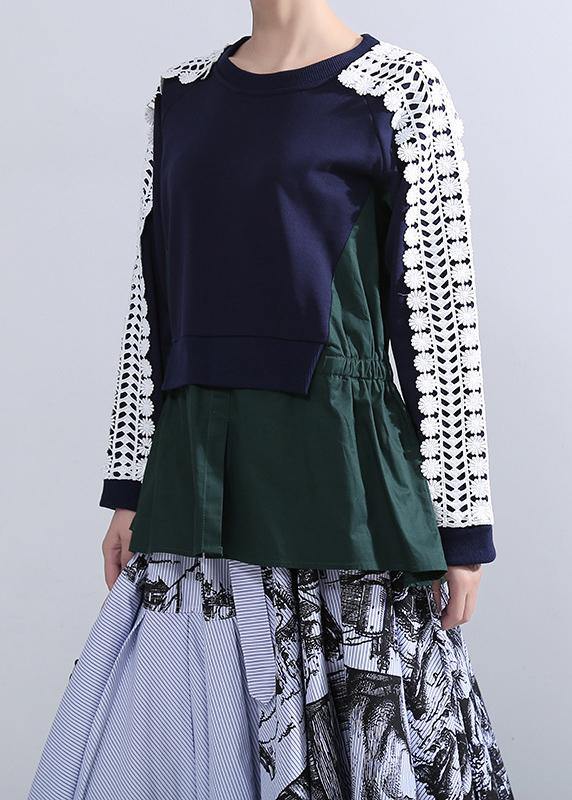 French O Neck Cotton Patchwork Tops Blouses Ideas Blue Blouses