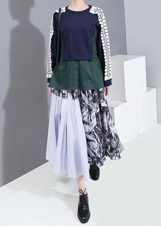 French O Neck Cotton Patchwork Tops Blouses Ideas Blue Blouses