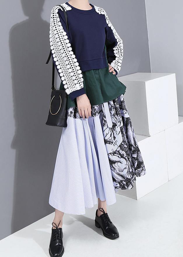 French O Neck Cotton Patchwork Tops Blouses Ideas Blue Blouses