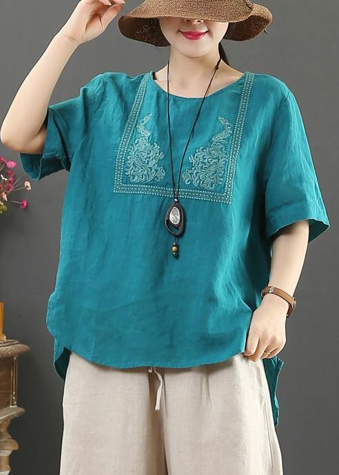 French O Neck Cotton Tunic Blue Embroidery Daily Tops