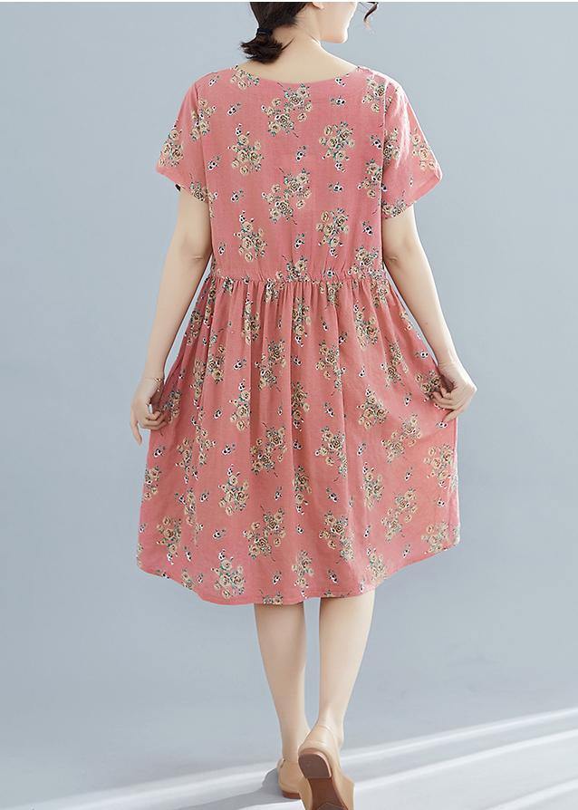 French O Neck Drawstring Chiffon Dress Pink Print Dresses Summer