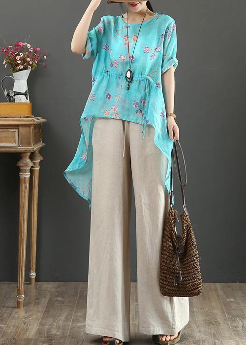 French O Neck Drawstring Linen Clothes Fabrics Green Print Shirts