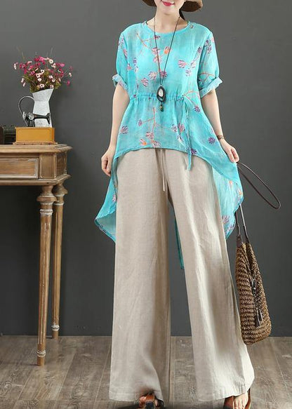 French O Neck Drawstring Linen Clothes Fabrics Green Print Shirts