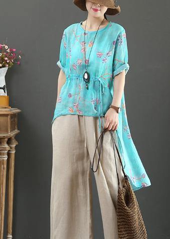 French O Neck Drawstring Linen Clothes Fabrics Green Print Shirts